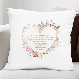 Poduszka dla Babci z personalizacją imienia oraz życzeniami, Poduszka z grafiką geometrycznego serca oraz kwiatów z okazji dnia Babci