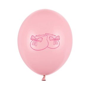 Balony dekoracyjne w różowym kolorem z grafiką dziecięcych bucików, zestaw 6 sztuk balonów do napełnienia powietrzem lub helem