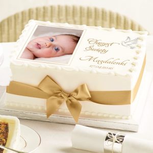 Dekoracyjny opłatek na tort z okazji Chrztu Świętego ze zdjęciem dziecka, imieniem i datą w motywie Gołąbka
