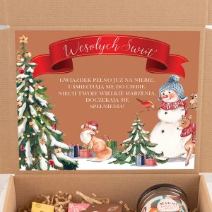 Wklejka w zestawie prezentowym pod choinkę, zestaw prezentowy ze słodyczami i kubkiem, wklejka z życzeniami świątecznym
