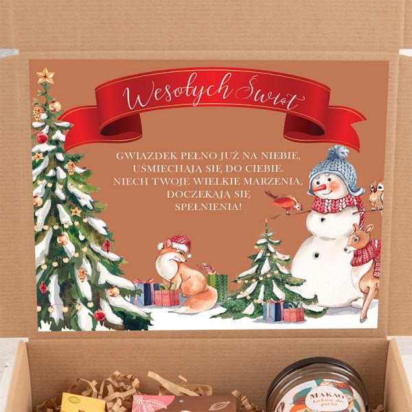 Wklejka w zestawie prezentowym pod choinkę, zestaw prezentowy ze słodyczami i kubkiem, wklejka z życzeniami świątecznym