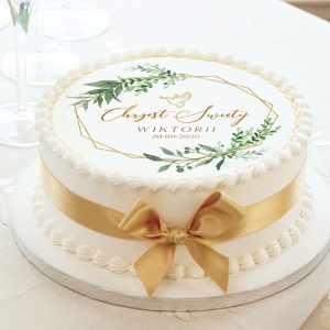 Opłatek dekoracyjny na tort ze złoto-zielonym wiankiem i personalizacją na Chrzest Święty