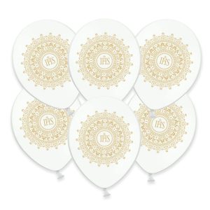 Zestaw 6 balonów w motywie złotej hostii w białym kolorze