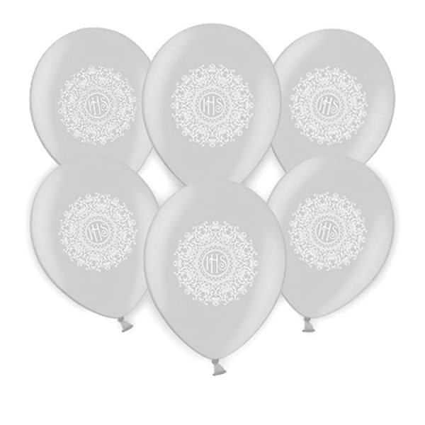 Zestaw 6 lateksowych balonów w motywie srebrnej koronki, dekoracyjne balony na Komunię Świętą