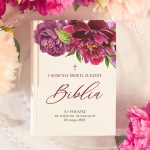 Biblia personalizowana z ilustracjami, okładka personalizowana z imieniem dziecka i różowymi wiatami