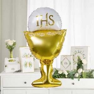 Balon foliowy w kształcie złotego kielicha z hostią. Dekoracyjny balon na dekorację sali na Komunię Świętą.
