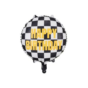 Okrągły balon foliowy na dekorację na urodzinki z szachownicą wyścigową i napisem Happy Birthday