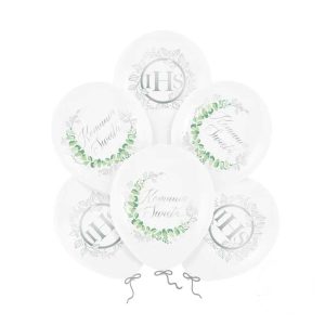 Zestaw 6 sztuk balonów dekoracyjnych w motywie srebrnej komunii i wiankiem oraz srebrnej hostii