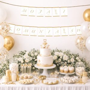 Dekoracja stołu na przyjęcie komunijne z białym tortem, złotymi akcentami, kwiatami i słodkościami. Balony i dekoracje w tle.