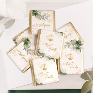 Mleczne czekoladki dla gości, słodkie podziękowanie na Chrzest Święty z ozdobnymi etykietami z kolekcji Symboli Chrztu, podziękowanie dla gości