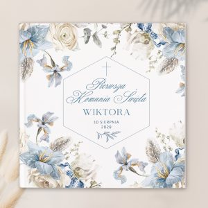 Okładka zaproszenia na Pierwszą Komunię Świętą, z delikatnymi niebieskimi i kremowymi kwiatami, zawierająca napis 'Pierwsza Komunia Święta Wiktora' oraz datę '10 sierpnia 2028'.