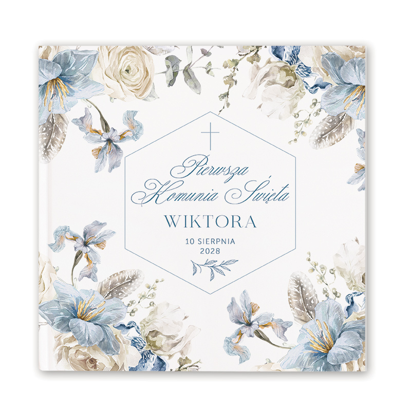 Okładka zaproszenia na Pierwszą Komunię Świętą z kwiatowym wzorem, zawierająca imię "Wiktora", datę "10 sierpnia 2028" oraz krzyż.