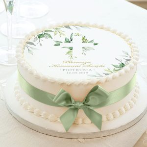 Opłatek personalizowany na tort komunijny z zielonymi elementami i personalizacją