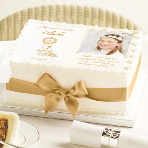 Biał-złoty opłatek ze zdjęciem dziecka i personalizacją, dekoracyjny opłatek na tort komunijny
