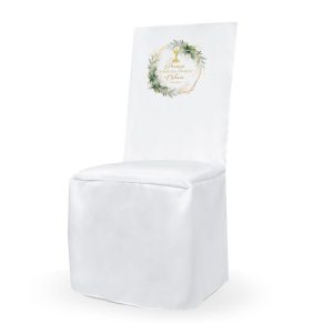 Biały pokrowiec komunijny z motywem wianka geometrycznego i kielicha. Personalizowana dekoracja krzesła.