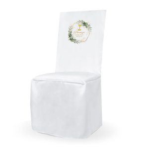 Pokrowiec na krzesło, biały z motywem kielicha - dekoracyjny nadruk.