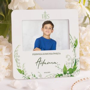 Pamiątkowa ramka na zdjęcie dziecka z Komunii Świętej z personalizacjami.