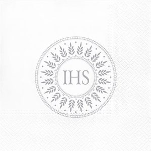 Serwetki ze srebrnym wzorem IHS. Serwetki komunijne na stoły.