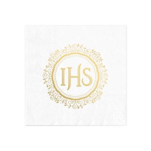 Serwetki na komunijne przyjęcie, dekoracja stołu - białe, papierowe serwetki ze złotym zdobieniem i symbolem IHS.