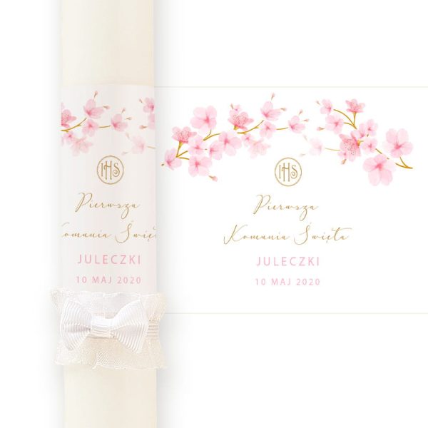 Personalizowana etykieta dekoracyjna z różowymi magnoliami na gromnicę komunijną