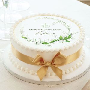 Opłatek dekoracyjny na tort komunijny z personalizacją i grafiką Majowej Konwalii