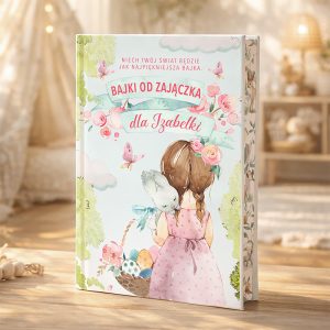 Okładka książki z tytułem "Bajki od zajączka dla Izabelki", przedstawiająca dziewczynkę z króliczkiem i ptaszkiem, otoczoną kwiatami.