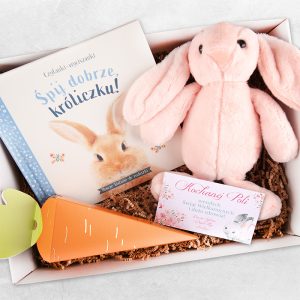 Zestaw prezentowy dla dziecka na Wielkanoc. Pudełko z upominkami dla najmłodszych.