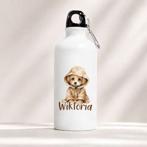 Bidon w kolorze białym z ilustracją szczeniaka w beżowym kapturze oraz napisem "Wiktoria".