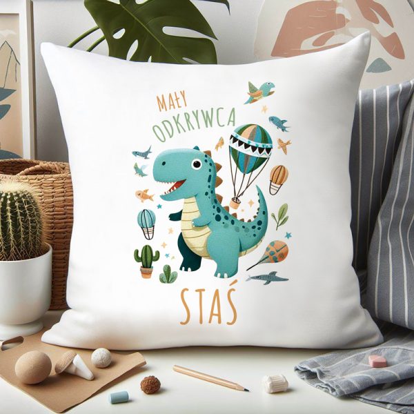 Poduszka dla fana dinozaurów, prezent dla małego fana dinozaurów z imieniem, miękka poduszka
