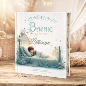 Ilustrowana książka "Najpiękniejsze Baśnie na dobranoc dla Mateusza", przedstawiająca chłopca śpiącego w łóżku w przytulnym otoczeniu.