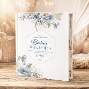 Elegancka książka wspomnień z delikatnymi kwiatowymi wzorami, z napisem "Baśnie Wiktora" i datą 25 maja 2027.