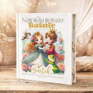Ilustrowana książka dla dzieci z tytułem "Najpiękniejsze Baśnie", przedstawiająca parę postaci w bajkowych strojach oraz żabę.