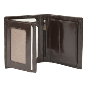 Brązowy skórzany portfel z otwartymi kieszeniami, w tym przestrzenią na identyfikator oraz zamek błyskawiczny wewnątrz.