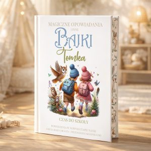 Okładka książki zatytułowanej "Magiczne opowiadania i inne bajki Tomka", przedstawiająca dwoje dzieci w kolorowych czapkach z plecakami, idących w stronę lasu, otoczonych zwierzętami takimi jak sowy i ptaki, na jasnym tle z delikatnymi dekoracjami.