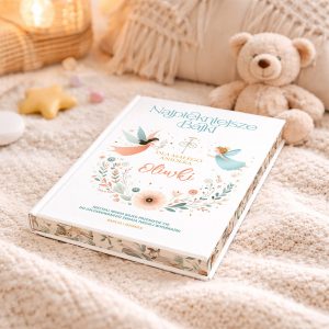 bajki-dla-dziecka-wrozki-na-okladce Książka zatytułowana 'Najpiękniejsze Bajki' leży na jasnym, teksturowanym kocu w otoczeniu miękkiego misia oraz dekoracyjnych gwiazdek i innych małych elementów. Na okładce widnieją kolorowe ilustracje wróżek oraz ozdobny napis 'Dla Małego Aniołka Oliwki'.