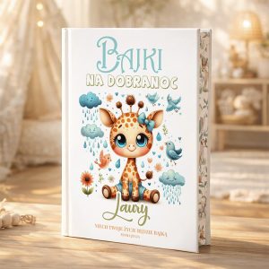 Książka dla dzieci z uroczą żyrafą na okładce, otoczoną chmurkami, ptakami i kwiatami, z napisem "Bajki na dobranoc".