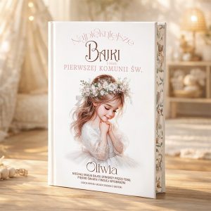 Okładka książki zatytułowanej "Najpiękniejsze Bajki z okazji Pierwszej Komunii św." przedstawiająca dziewczynkę z długimi włosami, w białej sukience i diademie z kwiatów, uśmiechającą się i trzymającą ręce złożone na piersi. Na stronie w dolnej części znajdują się imię Oliwia oraz tekst zapraszający do odkrywania magii bajek.