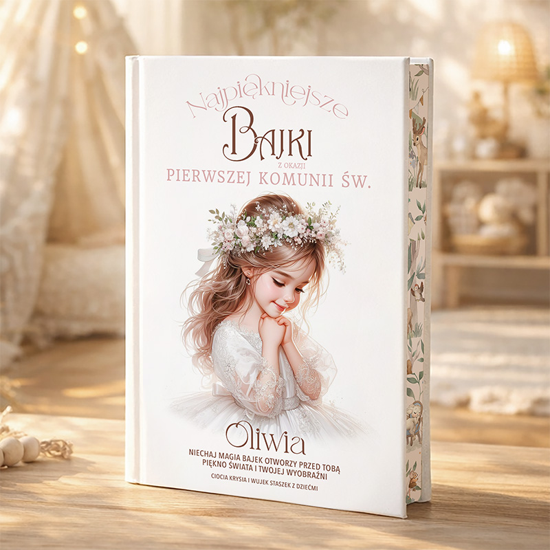 Okładka książki zatytułowanej "Najpiękniejsze Bajki z okazji Pierwszej Komunii św." przedstawiająca dziewczynkę z długimi włosami, w białej sukience i diademie z kwiatów, uśmiechającą się i trzymającą ręce złożone na piersi. Na stronie w dolnej części znajdują się imię Oliwia oraz tekst zapraszający do odkrywania magii bajek.