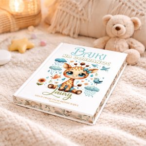 Książka "Pauki na dobranoc" z ilustracją sympatycznego zwierzątka w deszczu, leżąca na miękkim kocyku obok pluszowego misia.