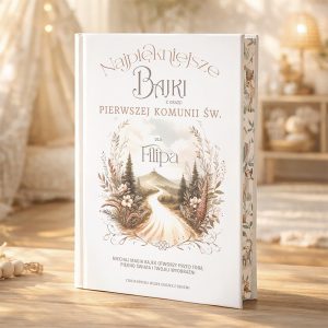 Elegancka książka z tytułem 'Najpiękniejsze Bajki z okazji Pierwszej Komunii Św. dla Filipa', ozdobiona ilustracjami przyrody oraz pastelowymi kolorami, ustawiona na drewnianym stole w przytulnym otoczeniu.