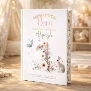 Elegancka książka z tytułem na okładce, zdobiona ilustracjami motyli, kwiatów i króliczka, z subtelnym motywem roślinnym po bokach, w pastelowych kolorach, umieszczona na tle przytulnego wnętrza.