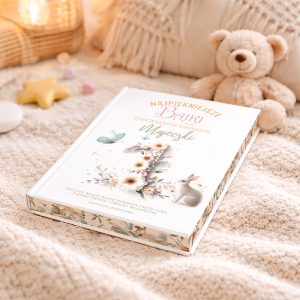 Książka z kolorową okładką, zatytułowana "Najpiękniejsze Bajki z okazji Pierwszych Urodzin", leży na jasno-beżowym kocu, obok pluszowego misia i kilku dekoracyjnych elementów, takich jak gwiazda i kolorowe cukierki.