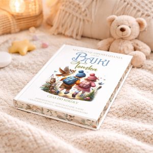 Na miękkim dywanie leży książka "Magiczne opowiadania i inne bajki Tomka" z kolorową ilustracją dwóch dzieci niosących plecaki obok sowy i innych zwierząt. W tle widać pluszowego misia i delikatne oświetlenie.
