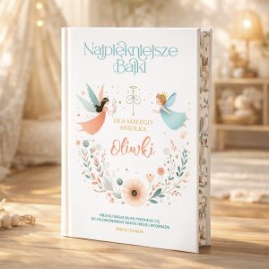 Okładka książki zatytułowanej "Najpiękniejsze Bajki dla Małego Aniołka Oliwki", z obrazkami dwóch wróżek oraz dekoracyjnymi elementami roślinnymi w pastelowych kolorach, na tle przytulnego wnętrza.