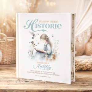 Biała książka z tytułem "Baśnie i inne historie", z ilustracją dziewczynki czytającej wśród ptaków i zwierząt.