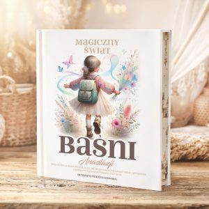 Książka "Baśni Anastasji" z ilustracją dziewczynki w plecaku, otoczoną kolorowymi motylami i magicznymi elementami.