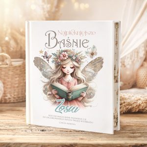 Książka zatytułowana "Najpiękniejsze Baśnie", ilustrowana dziewczynką z bajkowymi skrzydłami i kwiatowym wieńcem.