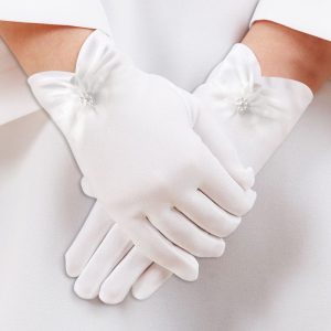 Rękawiczki na Komunię Świętą dla dziewczynki. Białe, komunijne rękawiczki z kokardką dla dziewczynki.
