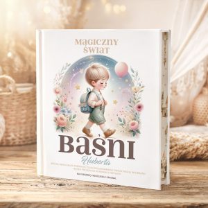 Ilustrowana książka dla dzieci z tytułem "Baśni Huberta", prezentująca chłopca, balony i bajkowe motywy.