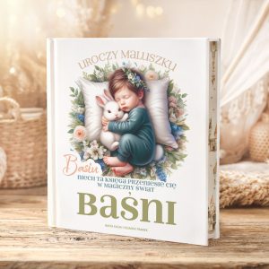 Książka z ilustracją dziecka śpiącego z pluszowym królikiem, otoczona kwiatami, z tytułem "Baśni" na okładce.